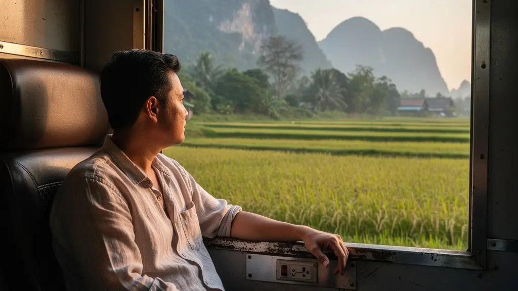 Voyageur assis près d’une fenêtre ouverte dans un train en Thaïlande, rizières au lever du jour et grand espace vide dans le ciel pour un titrage éditorial.