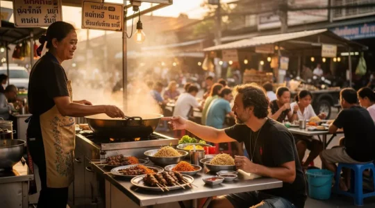 Voyageur occidental dans un restaurant de rue thaïlandais authentique avec des tableaux de menu en écriture thaï