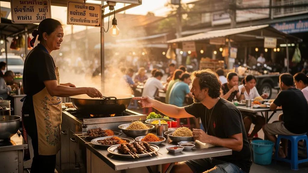 Voyageur occidental dans un restaurant de rue thaïlandais authentique avec des tableaux de menu en écriture thaï
