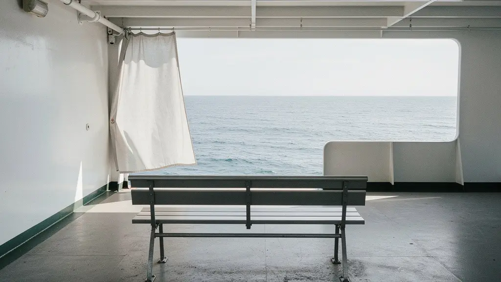 Vue large d'un espace central d'un ferry près du niveau de l'eau, avec l'horizon visible par une ouverture latérale.