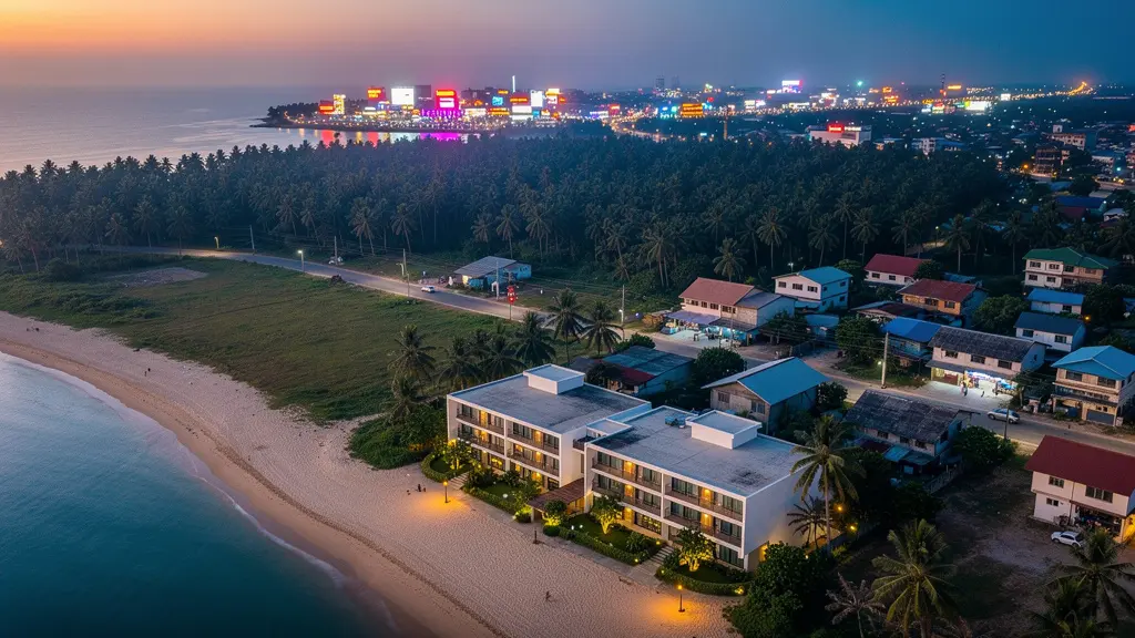Vue aérienne montrant la distance idéale entre zone calme d'hôtel et quartier animé